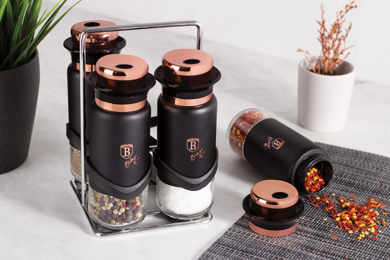 Set 4 recipiente pentru condimente si suport Berlinger Haus, Black Rose, inox/sticla, negru/roz - imagine 6